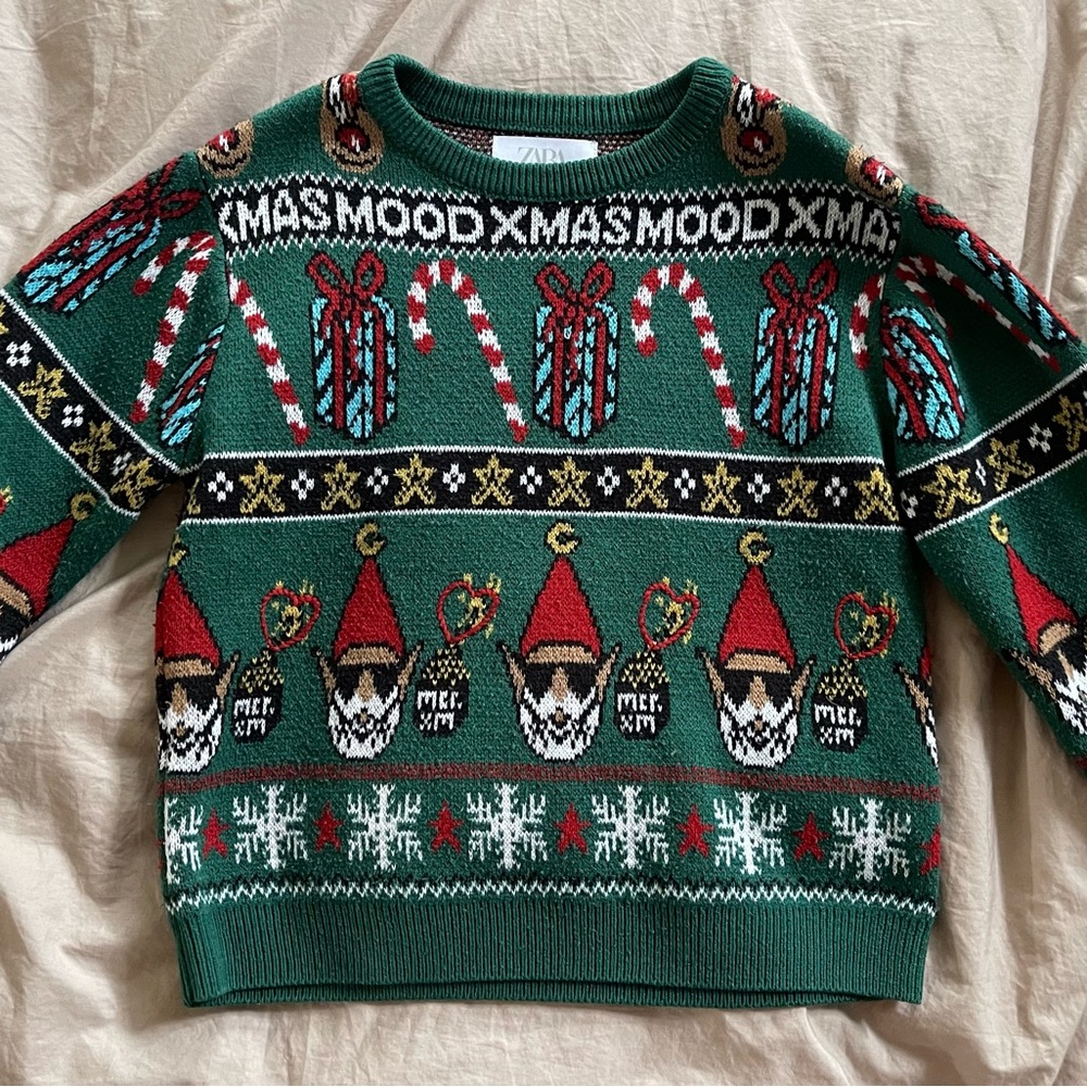 Zara Holiday Christmas Sweater Green and Red Knit Sz.6